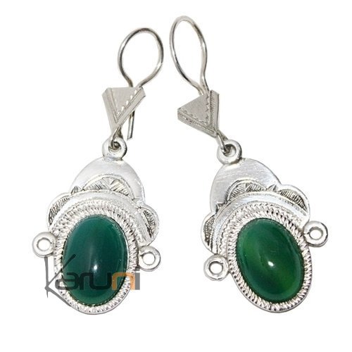 Boucles d'oreilles touareg Déesse argent et agate verte