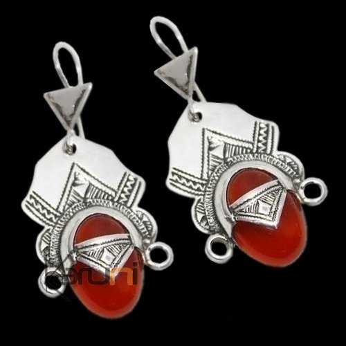 Boucles d'Oreilles Touareg  pendantes Tête de Déesse du Désert en argent et Pierre Agate Rouge Orangé 56