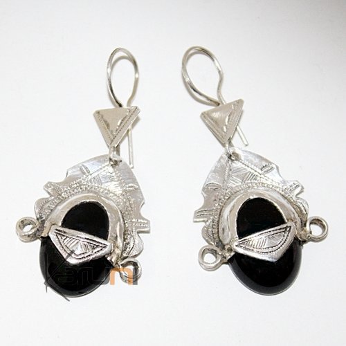 Boucles d'Oreilles Touareg Pendantes Tête de Déesse du Désert en Argent et Pierre Onyx Noir 57