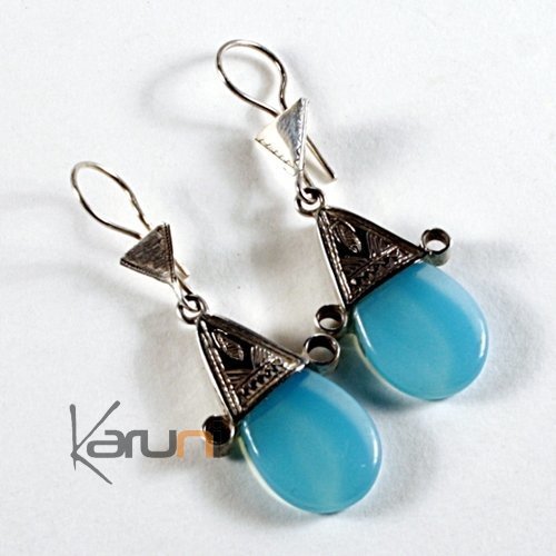 Bijoux Ethniques Touareg Boucles d'oreilles en Argent Croix du Sud d'Ingall Niger Rondes Bleu Turquoise