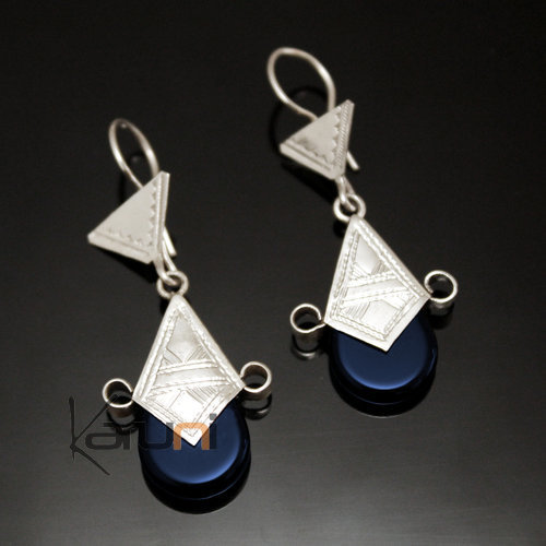 Boucles d'Oreilles Touareg Croix du Sud d'Ingall en Argent et Pierre Bleu Foncé 58