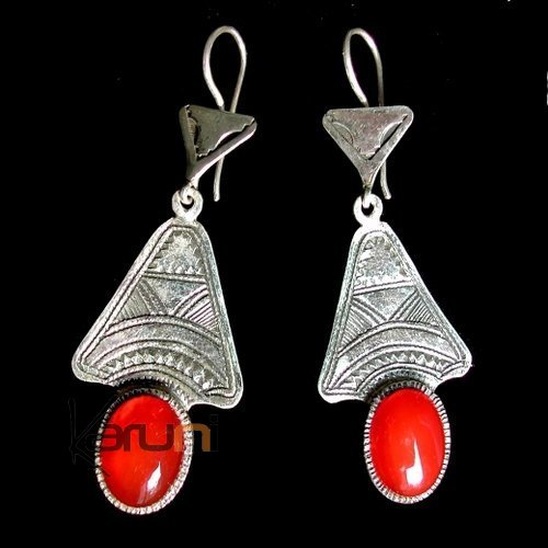 Boucles d'oreilles touareg argent et agate rouge/orange