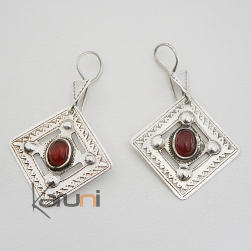 Bijoux ethniques Touareg Boucles d'Oreilles en Argent et Agate losange Ciselé Orange