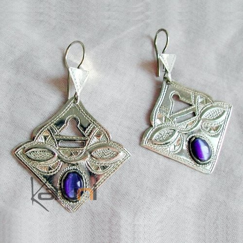 Boucles d'oreilles touareg losange feuilles argent ciselé et agate bleue