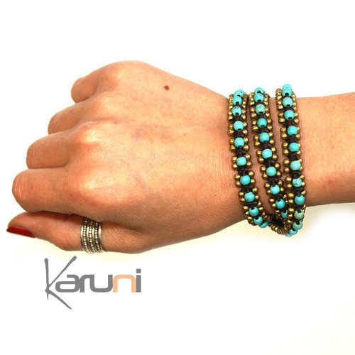 Bracelet multi rangs 3 tours perles turquoise tissus cambodge