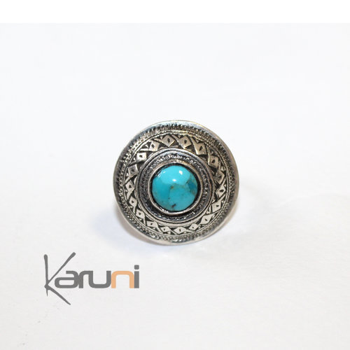 Bijoux Touareg Ethniques Bague en Argent Grave Pierre Turquoise