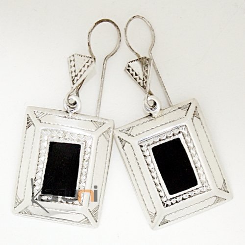 Bijoux Ethniques Touareg Boucles d'oreilles en Argent Rectangle Ebène Gravé 01