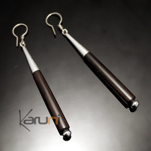 Bijoux Touareg Ethniques Boucles d'Oreilles en Argent et Ebne Massues 48 Attache Design Karuni Sombres Longues 