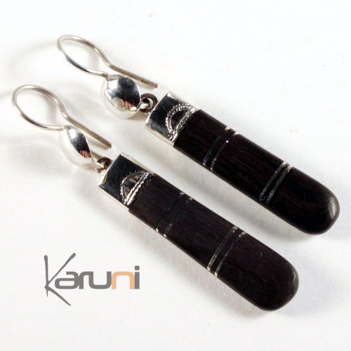 Boucles d'oreilles touareg gouttes plates - argent et bois d'bne