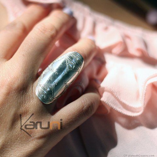 Bijoux Touareg Ethniques Bague en Argent Navette Grave 03 c