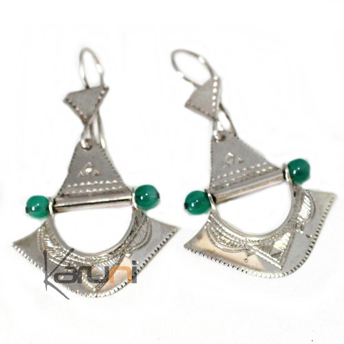 Boucles d'oreilles en Argent 4066 Eventail Gravées Perles Vertes