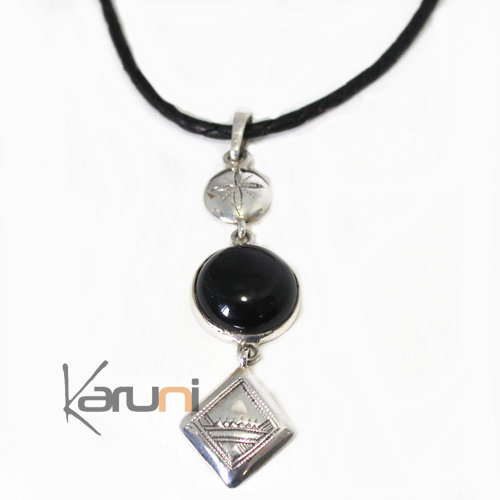 Collier Pendentif Argent Pierre Onyx Noir 7001