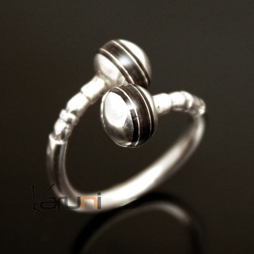 Bague Argent réglable croisée switch boule ébène - KARUNI