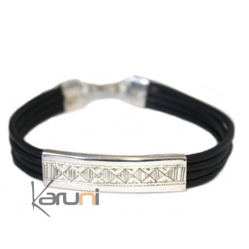 Bracelet Cuir Argent Gravé Croix 3054