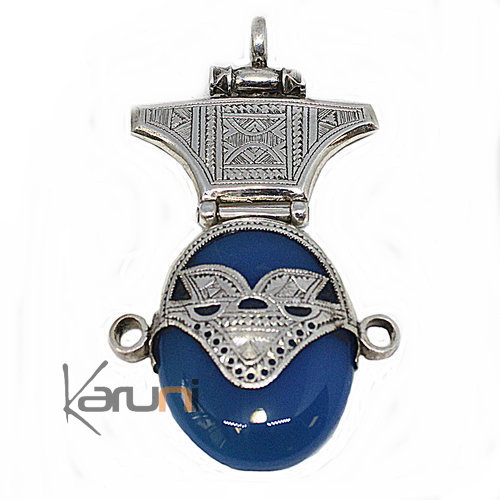 Pendentif Argent Agate Bleue Tête de Déesse 7042