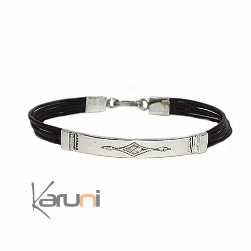 Bracelet Cuir Argent Massif Gravé 3071