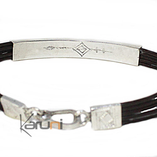 Bracelet Cuir Argent Massif Gravé 3072