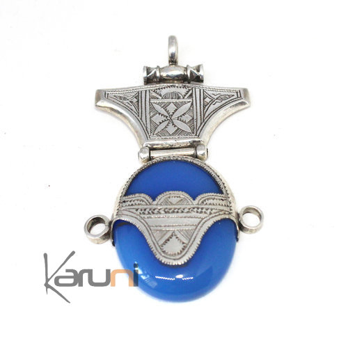 Pendentif Touareg Argent Massif Agate Bleue 7044