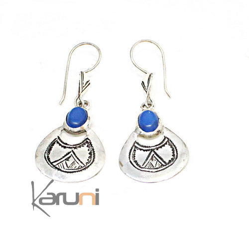 Boucles d'Oreilles Argent Massif Agate Bleue Ovale 5137