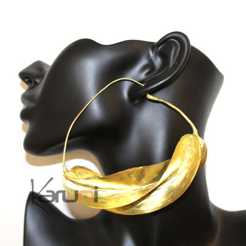 Boucles d'Oreilles Créoles Peul Fulani Mali 16 Bronze Doré 10 cm Feuille Boucles d'Oreilles Créoles Peul Fulani Mali 16 Bronze Doré 10 cm Feuille