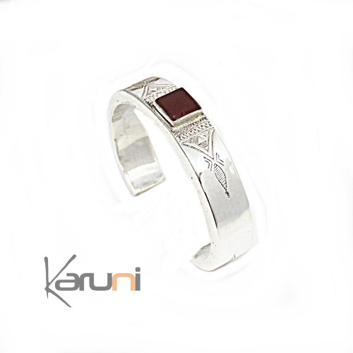 Bracelet Ethnique Argent Massif Agate Rouge Carrée 3110