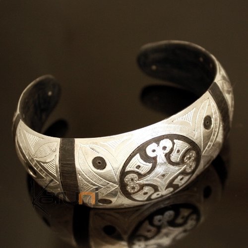 Bracelet Large en corne et Argent Mix de Mauritanie Filigranes Plaque Gravée 06