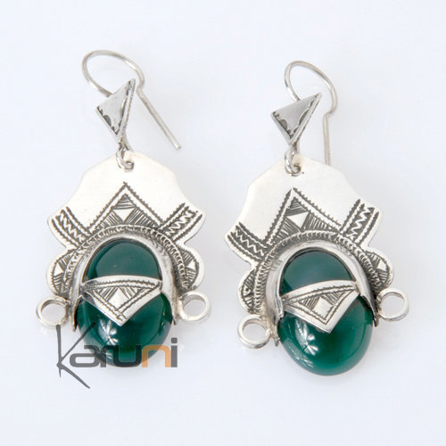 Boucles d'Oreilles en Argent et Pierre 12 Tête de Déesse du Désert Agate Verte