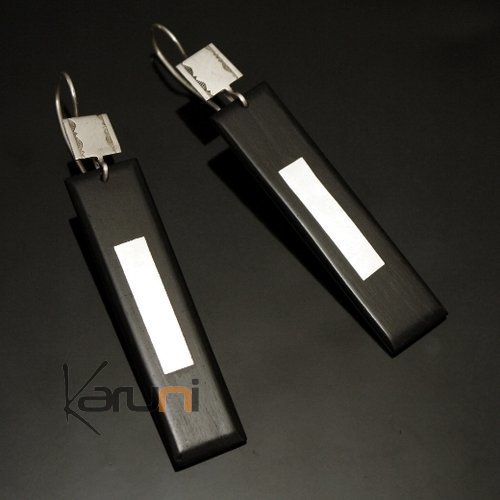 Bijoux Ethniques Touareg Boucles d'Oreilles en Argent et Ebne 34 Long Rectangle Design Inspiration Karuni