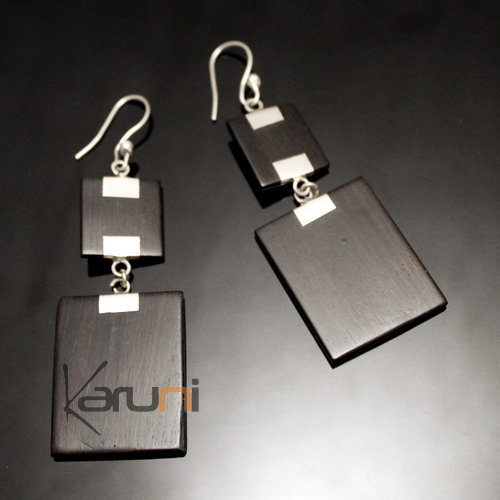 Bijoux Ethniques Touareg Boucles d'Oreilles en Argent et Ebne 35 Pendants Double Rectangle Lisse