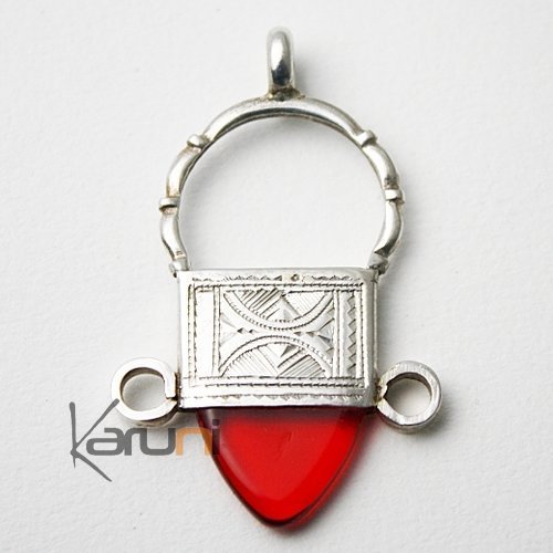 Bijoux Touareg Ethniques Collier Pendentif en Argent et perle de verre rouge Croix d'Ingall - KARUNI