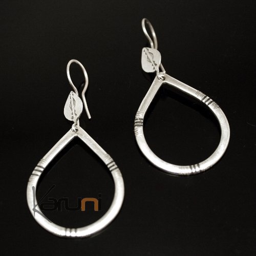 Boucles d'oreilles en Argent 19 Goutte d'Eau Plate Lignes d'Ebène Gravées