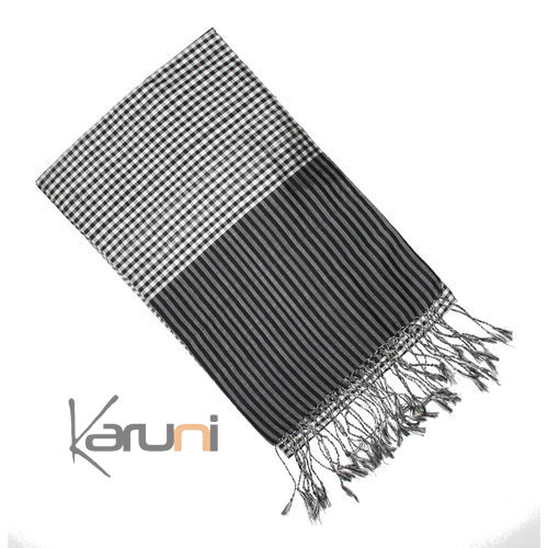 Foulard Echarpe Krama Cambodge Homme Femme Petits Carreaux Noir/Blanc 