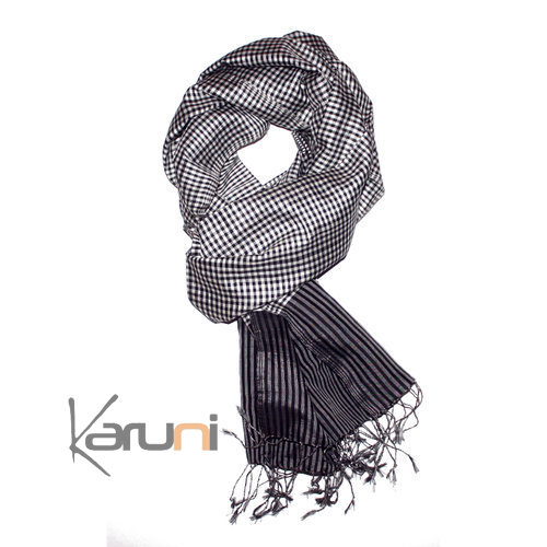 Foulard Echarpe Krama Cambodge Homme Femme Petits Carreaux Noir/Blanc 