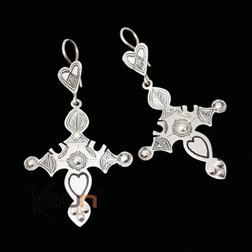 Boucles d'oreilles en Argent 75 Grande Croix Coeurs Niger