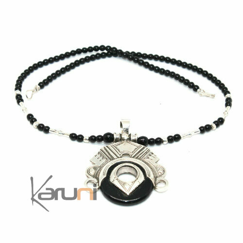 Collier Perles Pendentif Argent Massif Onyx