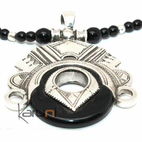 Collier Perles Pendentif Argent Massif Onyx