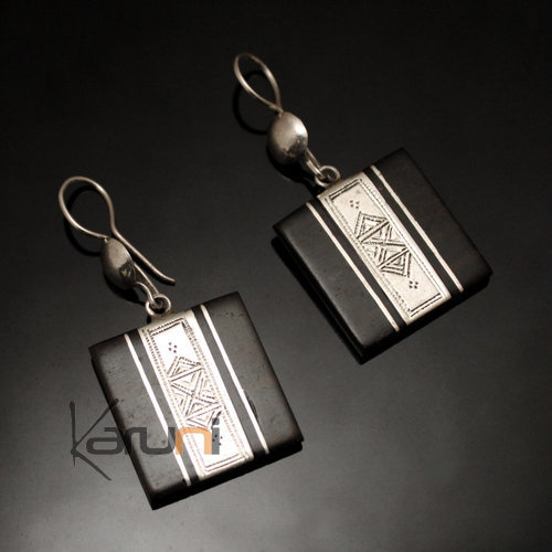 Bijoux Ethniques Touareg Boucles d'Oreilles en Argent et Ebne 42 Rectangle Bande Grave Verticale
