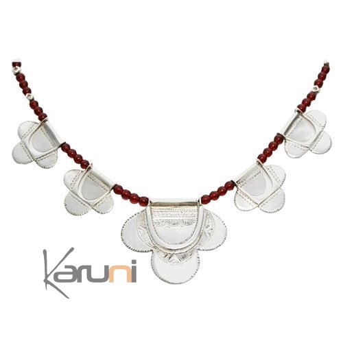 Collier touareg en argent fleurs et perles - ethnique