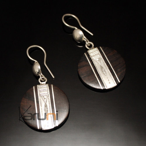 Bijoux Ethniques Touareg Boucles d'Oreilles en Argent et Ebne 01 Rondes Bande Grave Verticale
