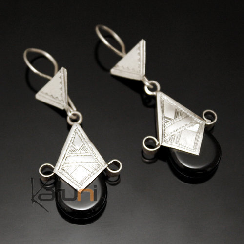 Bijoux Touareg Ethniques Boucles d'Oreilles en Argent et Pierre 06 Croix du Sud d'Ingall Niger Rondes 5 cm Noir 