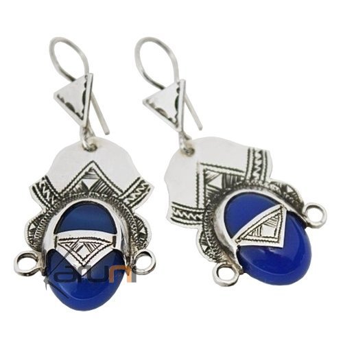 Bijoux Touareg Ethniques Boucles d'Oreilles en Argent et Pierre 12 Tte de Desse du Dsert Agate Bleue