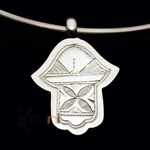 Bijoux Touareg Ethniques Artisanaux Collier Pendentif en Argent Petite Main de Fatma Khamsa 01