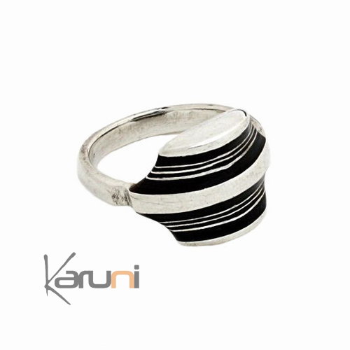 Bague en Argent 925 et ébène 021 Homme/Femme Bandeau Rayé Style