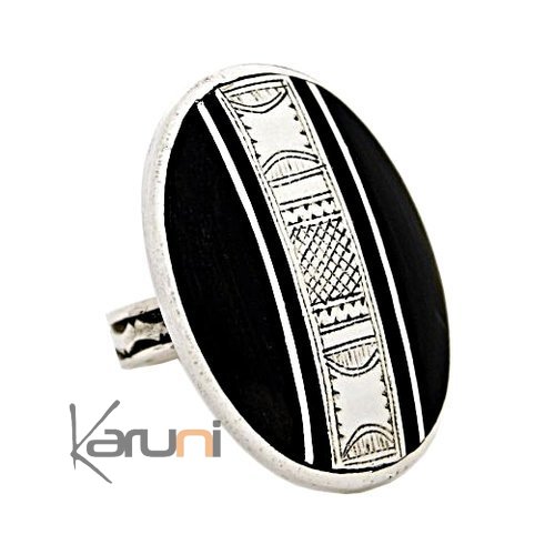 Bijoux Touareg Ethniques Bague en Argent 925 et bne 028 Homme/Femme Grand Ovale Bande Verticale Grave