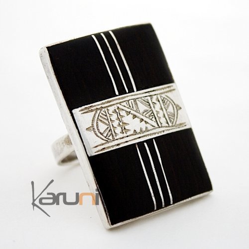 Bijoux Touareg Ethniques Bague en Argent Grand rectangle bande Grave 08