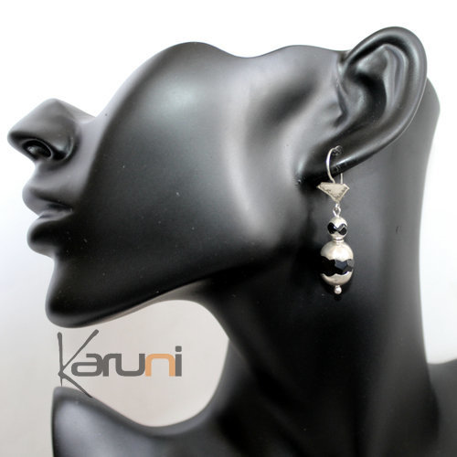 Boucles d'Oreilles en Argent et Pierre 15 Perles d'Onyx Noir Feston