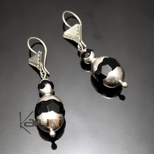 Boucles d'Oreilles en Argent et Pierre 15 Perles d'Onyx Noir Feston