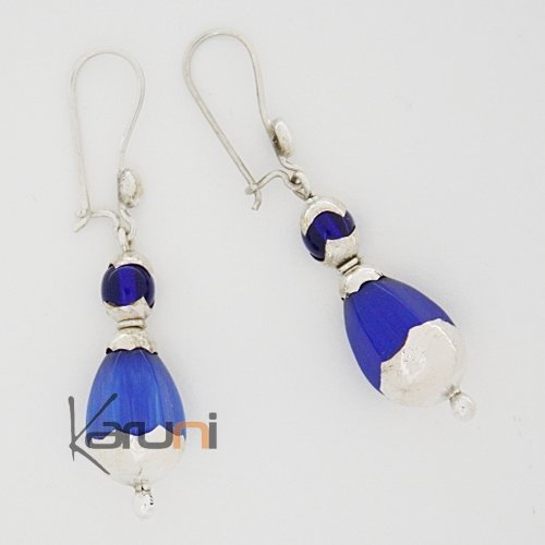 Boucles d'oreilles touareg en argent Gouttes ovales perles bleues