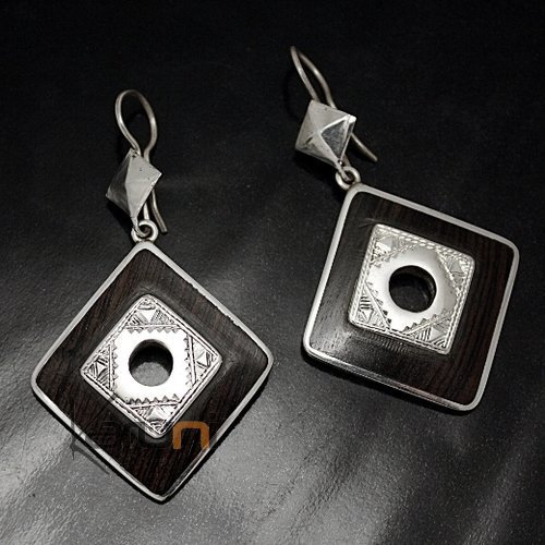 Bijoux Ethniques Touareg Boucles d'Oreilles en Argent et Ebne 43 Losange Creux Grav