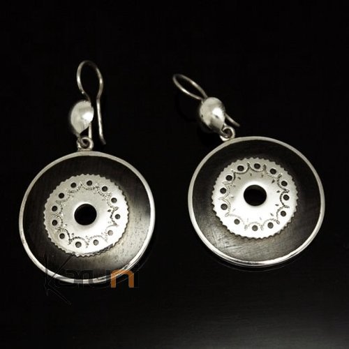 Boucles d'Oreilles en Argent et Ebène 03 Rondes Gravées Creuses